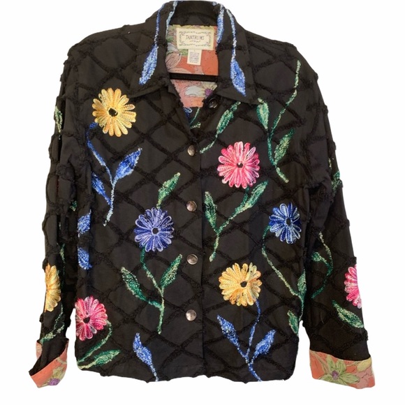 Tantrums Jackets & Blazers - TANTRUMS Black Boho Jacket Textured Criss Cross & Embroidered Flowers Large